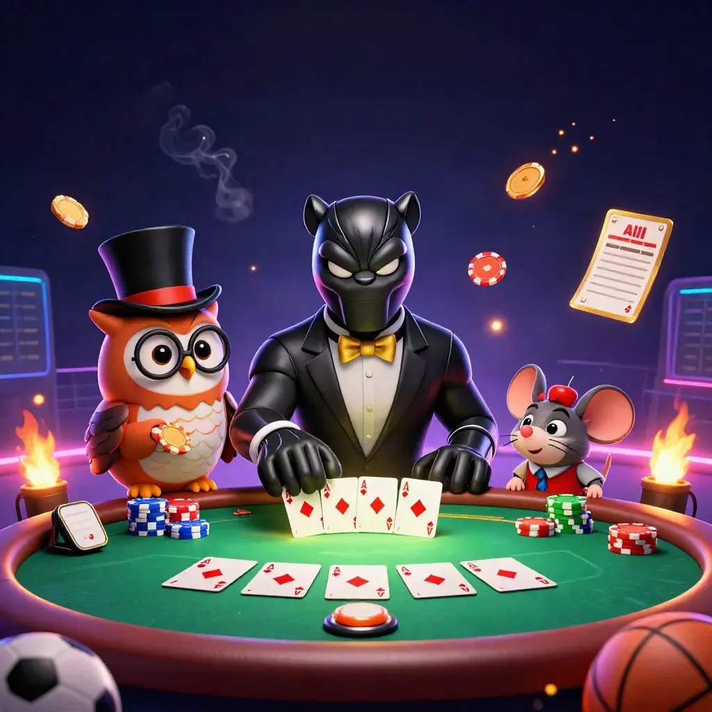 Panther, owl, and mouse at a neon poker table with chips, cards, and casino sports props.