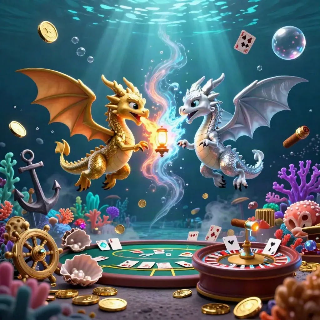 Gold and silver dragons swirl above an underwater casino cove with bubbles, coral, and glowing lights.