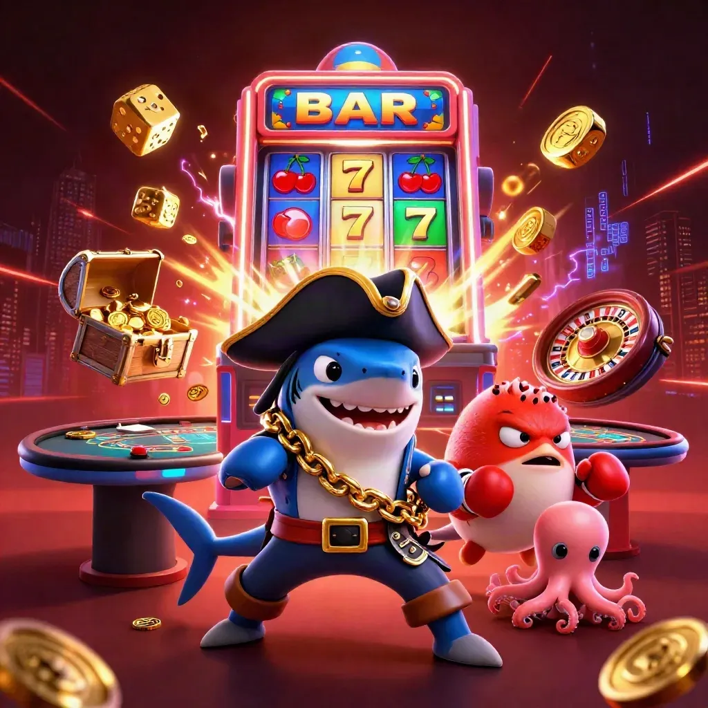 Pirate shark, boxing pufferfish, and coin-juggling octopus amid neon casino chaos.