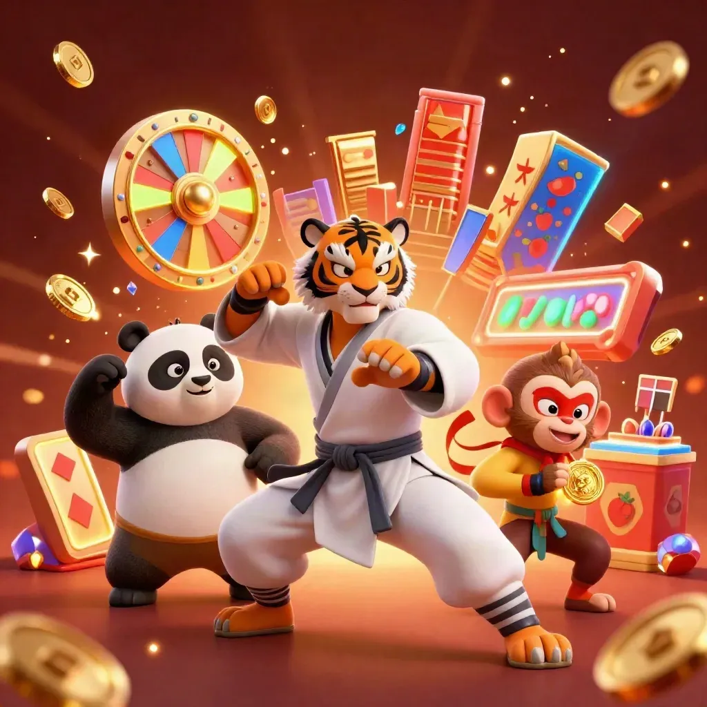 Kung-fu tiger, panda, and monkey amid casino coins, gems, cards, chips, and neon glow.