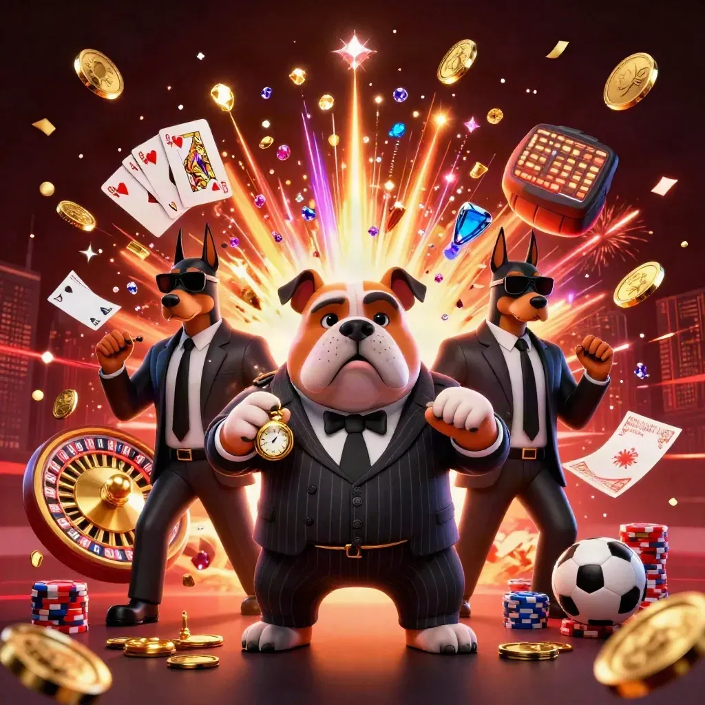 Mafia bulldog and Doberman bodyguards amid coins, chips, cards, fireworks, and casino lights.