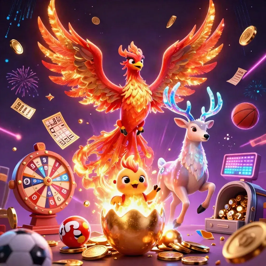 Phoenix trio bursts from a vault with coins, wheels, and sports bets in neon casino glow.