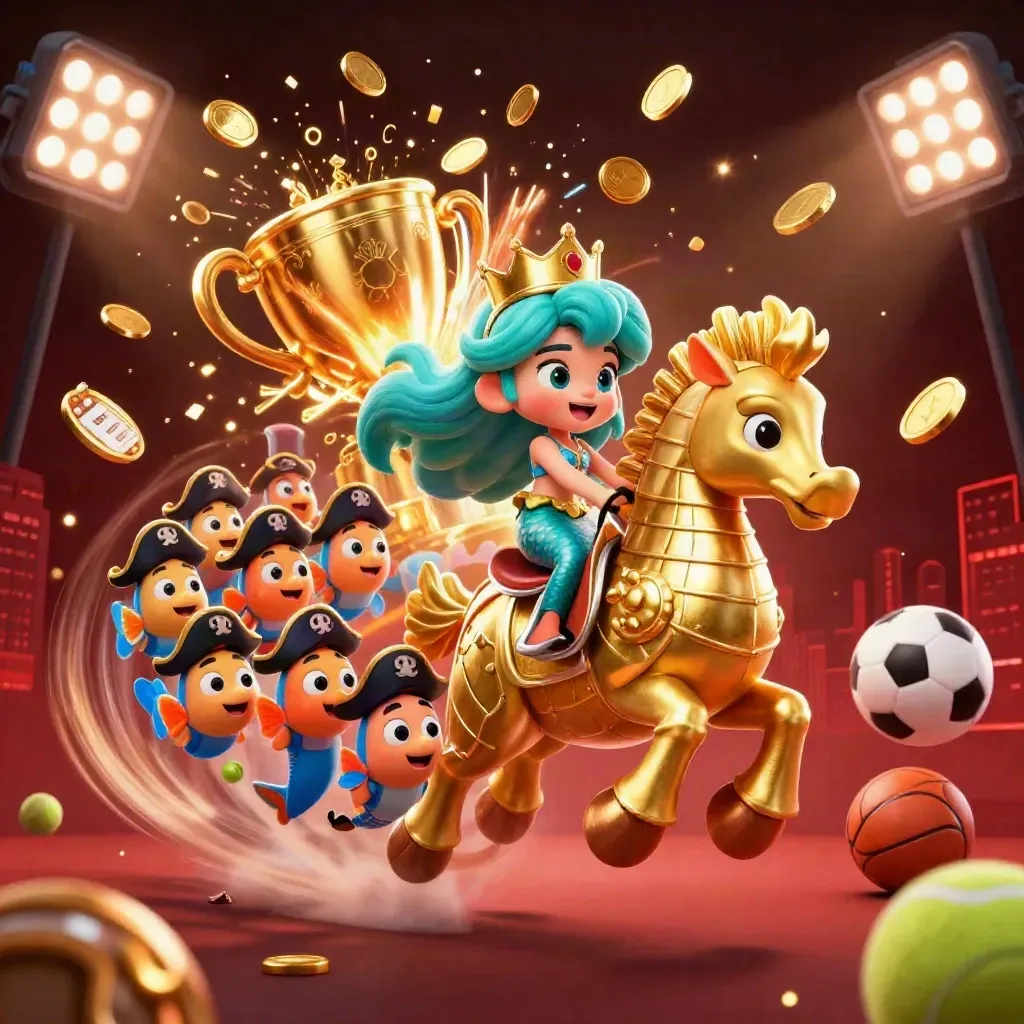 Mermaid princess on a gold seahorse with pirate fish, coins, sports balls, and fireworks.