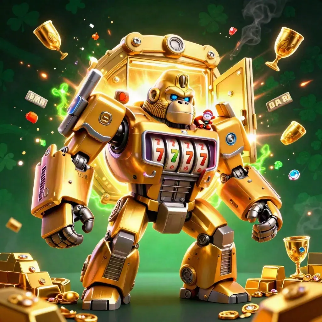 Golden gorilla slot mech with tiny monkey pilot blasting out of a vault amid coins and gems.